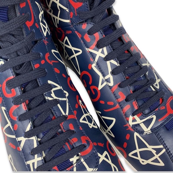Gucci Ghost Red White and Navy High Top Leather Sneakers - Picture 7 of 16